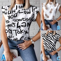 Fashion Mock Neck Sleeveless Printed Shirt