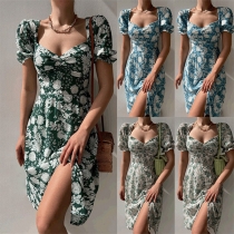 France Style Sweetheart Neck Peasant Sleeve Buttoned Floral Printed Dress
