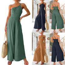 Sexy Solid Color One-shoulder Wide-leg Jumpsuit