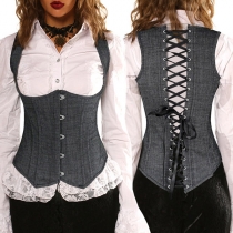 Vintage Denim Style Solid Color Lace-up Corset