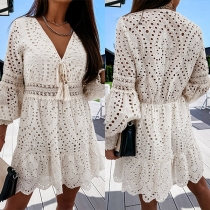 Elegant Solid Color V-neck Elbow Sleeve Ruffled Crochet Lace Dress