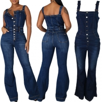 Sexig Knäppad Denim Jumpsuit med vida ben