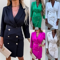 Elegant Solid Color Lapel Double-breast Long Sleeve Blazer