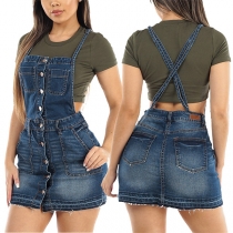 Sexy Buttoned Deim Suspender Skirt