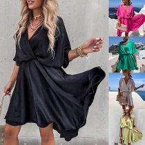 Casual Solid Color V-neck Satin Mini Dress