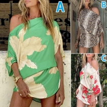 Casual Floral Printed One-shoulder Batwimg Sleeve Mini Dress