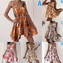Sexy Floral Print Plunge-V Backless Mini Dress