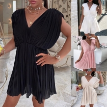 Sexy Solid Color V-neck Sleeveless Ruched Dress