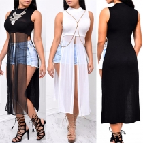 Fashion Mock Neck Sleeveless Gauze Spliced Slit Shirt