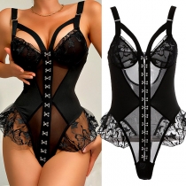 Sexig genomskinlig volanggaze Splitsad Butterfly Brodery Bodysuit för underkläder