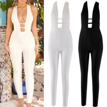 Sexig Enfärgad Djup V-Urringning Rygglös Cross-Criss Slim Fit Byxdress