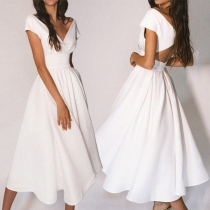 Sexy Solid Color V-neck Cap Sleeve Backless Midi Dress