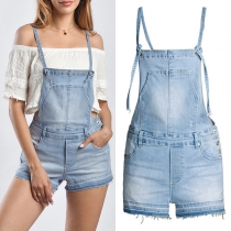 Casual Light Blue Suspender Denim Shorts