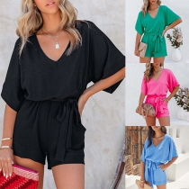 Casual Solid Color V-neck Short Sleeve Self-tie Romper