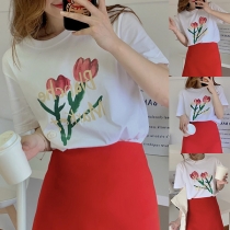 Casual Tulip Printed Short Sleeve Round Neck Shirt