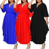 Fashion Solid Color Trumpet Short Sleeve V-neck Elastic Waist Irregular Hemline Plus-size Dress