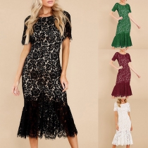 Elegant rund hals kortärmad Fishtail Spets Bodycon Klänning