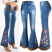 Vintage Floral Embroidery Leopard Printed Hemline Wide-leg Old-washed Denim Jeans
