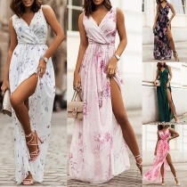 Fashion Floral Printed V-neck Sleeveless Slit Maxi Dress