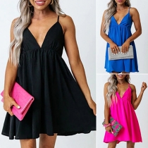 Casual Solid Color V-neck Back Tie Slip Dress