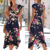 Casual Floral Printed V-neck Sleeveless Irregular Hemline Dress