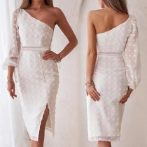 Sexy One-shoulder Long Sleeve Slit Swiss-dot Party Dress