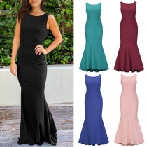 Sexy Solid Color Backless Ruffled Sleeveless Round Neck Party Dress