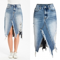 Fashion Old-washed Distressed Frayed Irregular Hemline Denim Skirt