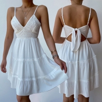 Sexy Lace Spliced V-neck Back-tie Cutout Tiered Slip Dress