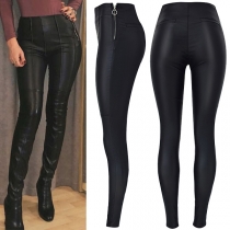 Fashion Solid Color PU Slim Fit Trousers in Höghus Style
