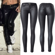 Mode Enfärgade Konstläder PU Slim Fit Byxor med Låg Midja