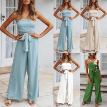 Sexy Solid Color Off-the-shoulder Cutout Self-tie Wide-leg Jumpsuit