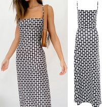 Bohemia Style White and Black Diamond Printed Maxi Slip Dress