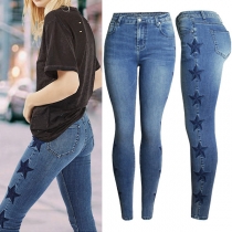 Fashion Old-washed Star Embroidery Slim Fit Mid-rise Skinny Denim Jeans