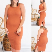 Fashion Solid Color Round Neck Sleeveless Slit Bodycon Tank Dress