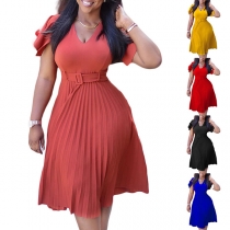 Fashion Solid Color V-neck Short Sleeve Pleated Dress