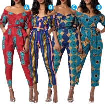 Fashion Floral Printed Off-the-shoulder Lantern Sleeve Self-tie Jumpsuit