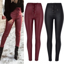 Fashion Solid Color High-rise Lace-up Artificial Leather PU Slim fit Pants