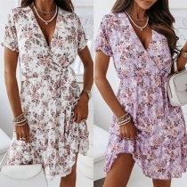 Fashion Floral Printed V-neck Short Sleeve Mini Wrap Dress