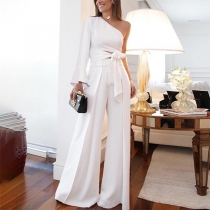 Sexy Solid Color Two-piece Set Consist of One-shoudler Self-tie Shirt and Wide-leg Pants