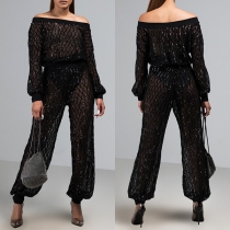 Sexy Semi-through Net Two-piece Set Consist of Off-the-shoudler Top and Pants