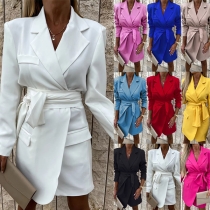 Fashion Solid Color Lapel Self-tie Long Sleeve Blazer Dress