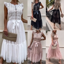 Fashion Lace Spliced Gauze Swiss-dot Sleeveless Dress