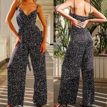 Fashion Printed V-neck Self-tie Wide-leg Cami Jumpsuit