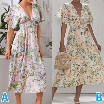 Fashion Floral Printed V-neck Short Sleeve Elastic Waist Mid-dress