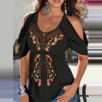 Bohemia Style Floral Printed Open-shoulder Short Sleeve Round Neck Shirt