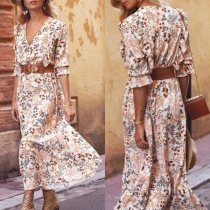 Fashion Floral Printed V-neck Short Sleeve Midi Dress