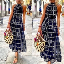 Fashion Floral Printed Sleeveless Halter Dress