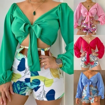 Fashion Two-piece Set Consist of Self-tie Crop Top and Floral Printed Shorts with Belt