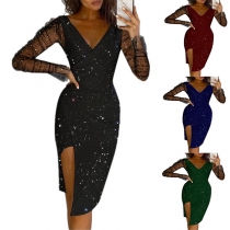 Fashion Bling Bling Semi-through Gauze Spliced Long Sleeve V-neck Slit Bodycon Dress